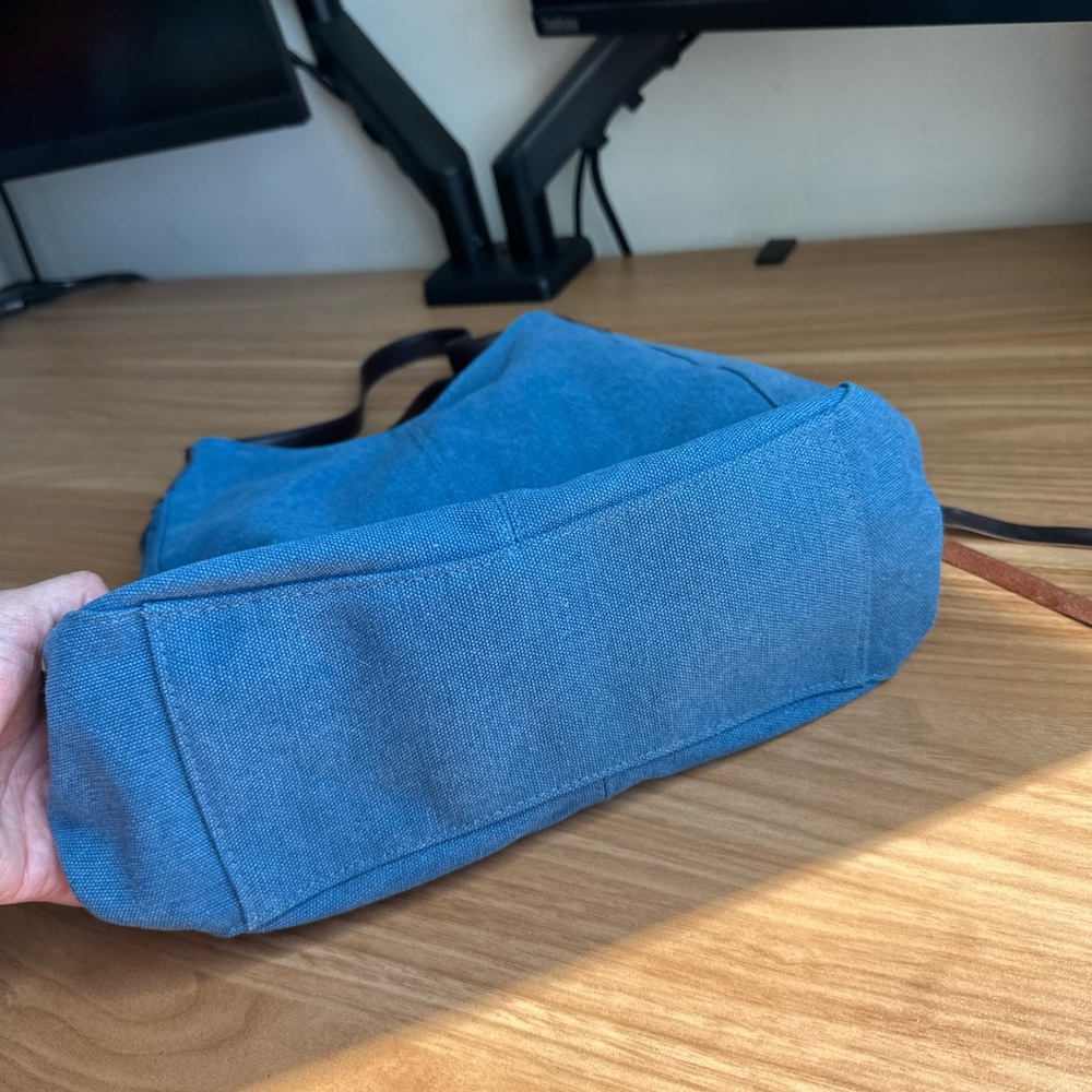Blue Canvas Shoulder Bag with Brown Trim - Picture 8 of 10